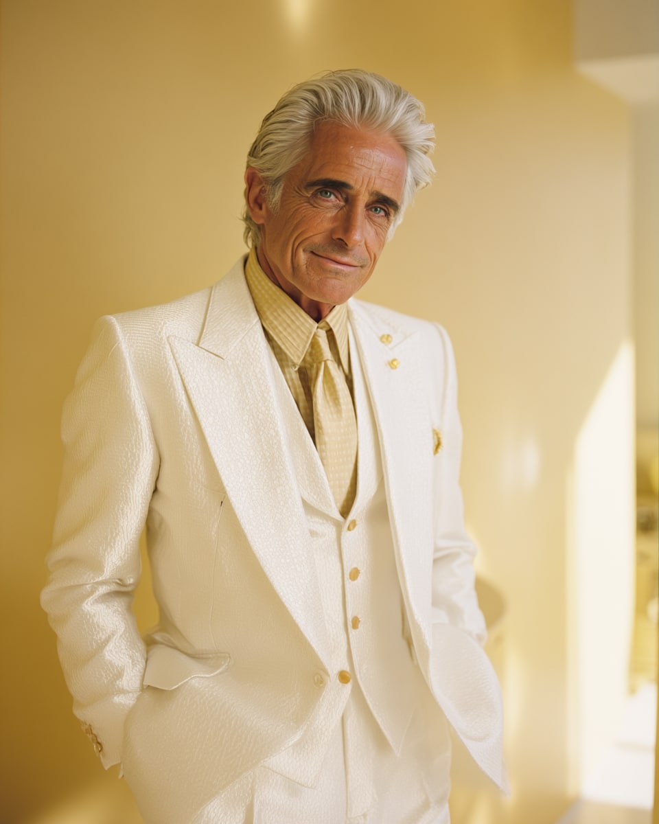 Silas Vance, Chief Executive Officer of Halcyon Dynamics, in a white brocade suit.