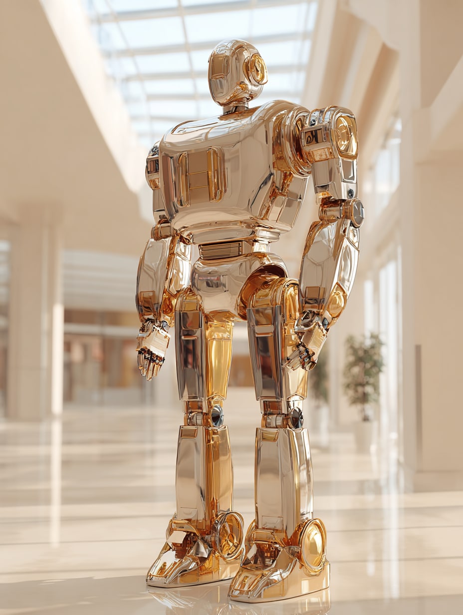 A Custodian Series chrome service unit standing in a sunlit public atrium.